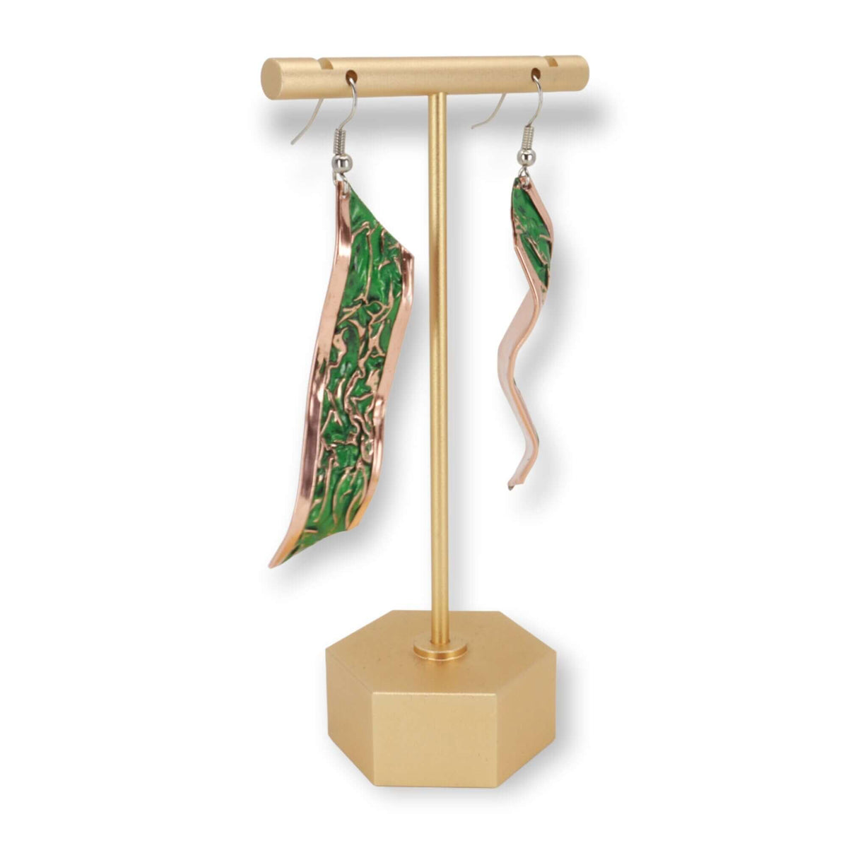 Top-down view of handcrafted artisan green wrinkled copper earrings