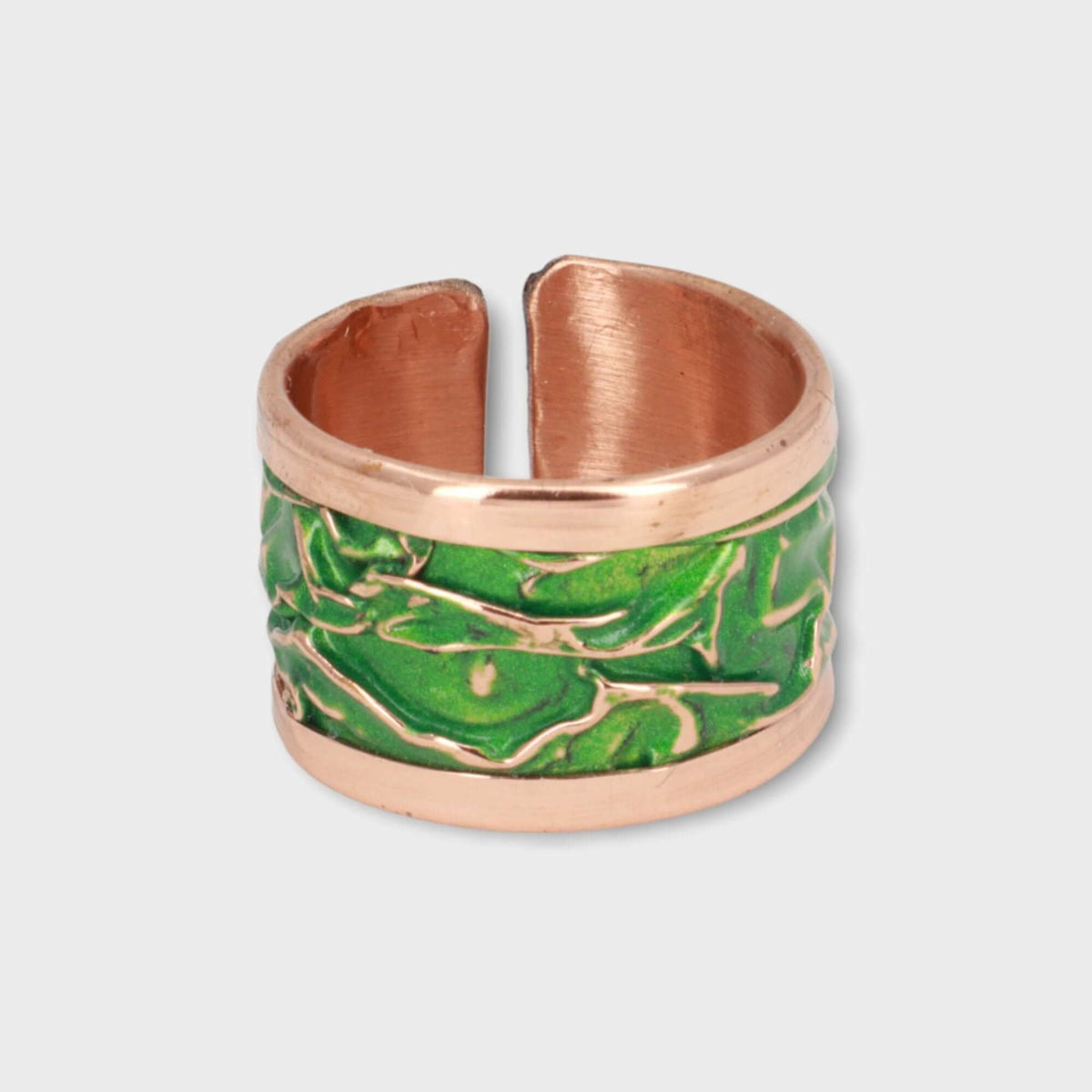 Inside band view of handmade green wrinkled copper adjustable ring