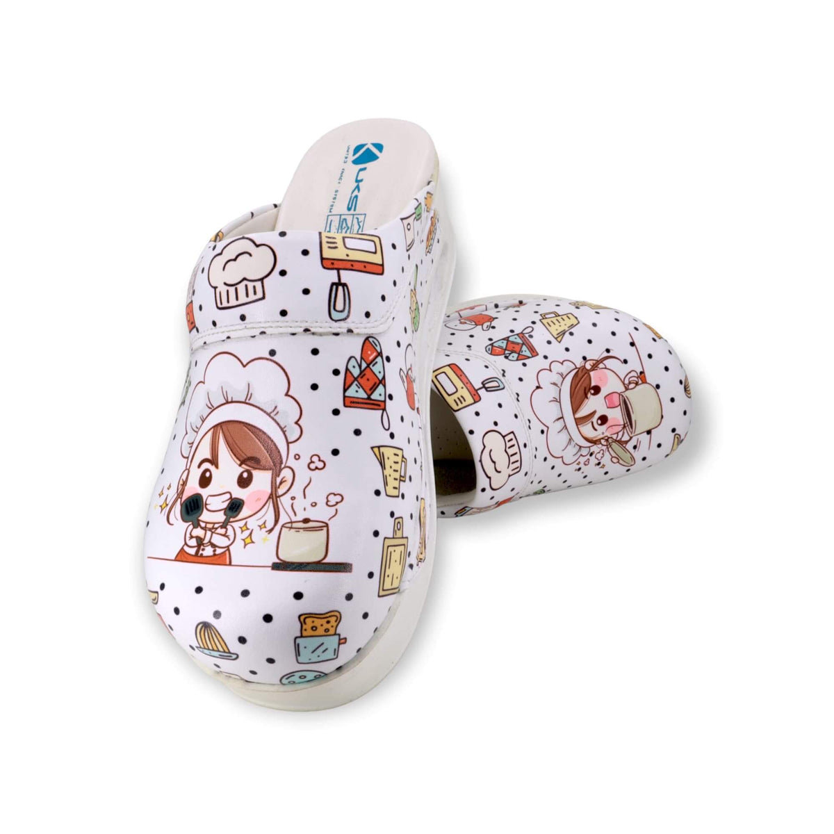 Footbed detail of handmade chef girl design leather clogs with an Air Clogx sole