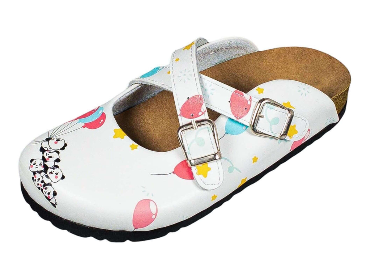 Orthopedic panda balloon cross band clogs with a cork sole worn on the foot