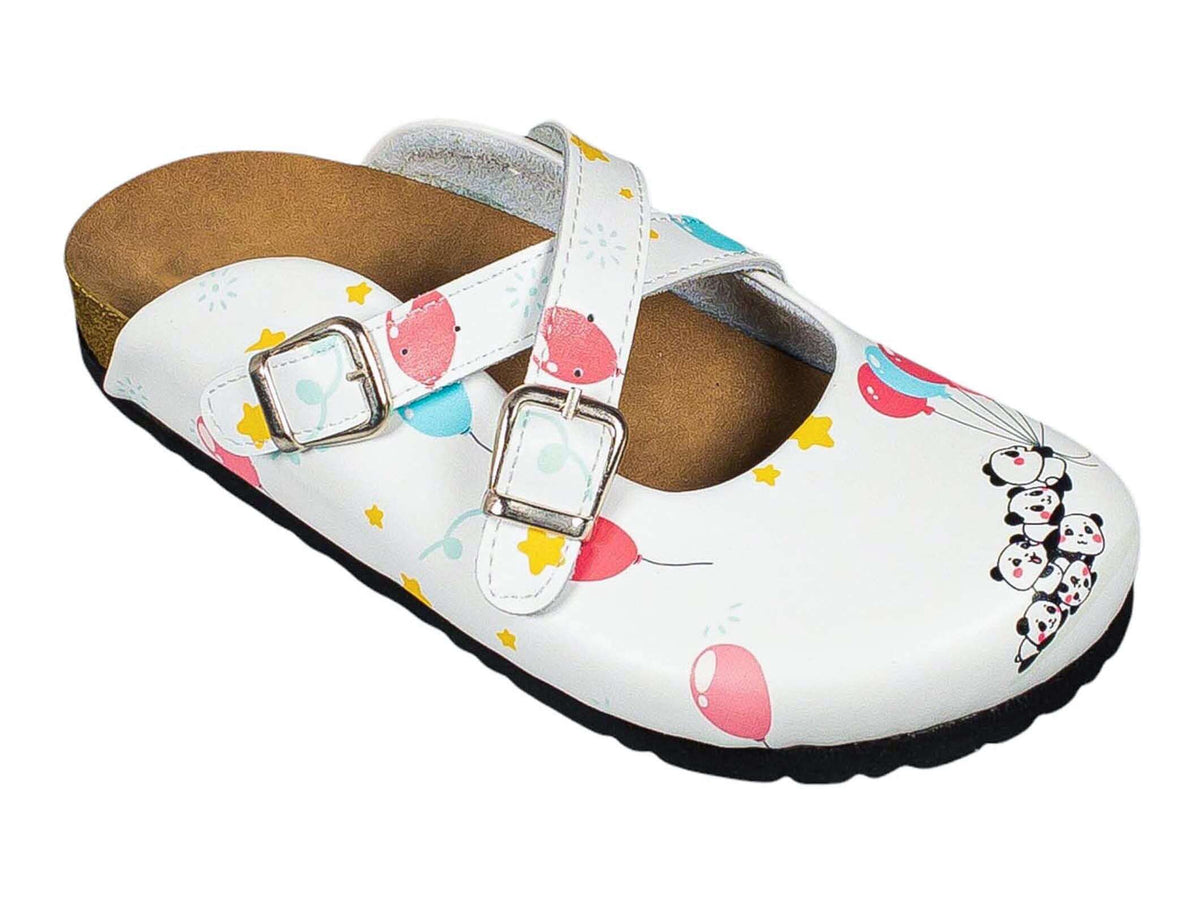 Strap and buckle detail on orthopedic panda balloon cross band clogs with a cork sole