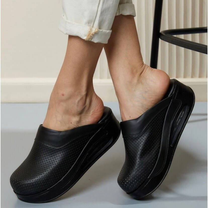 Black Breathable Leather Clogs Slippers Mules Nursing Clogs Handmade, High Heel, Platform