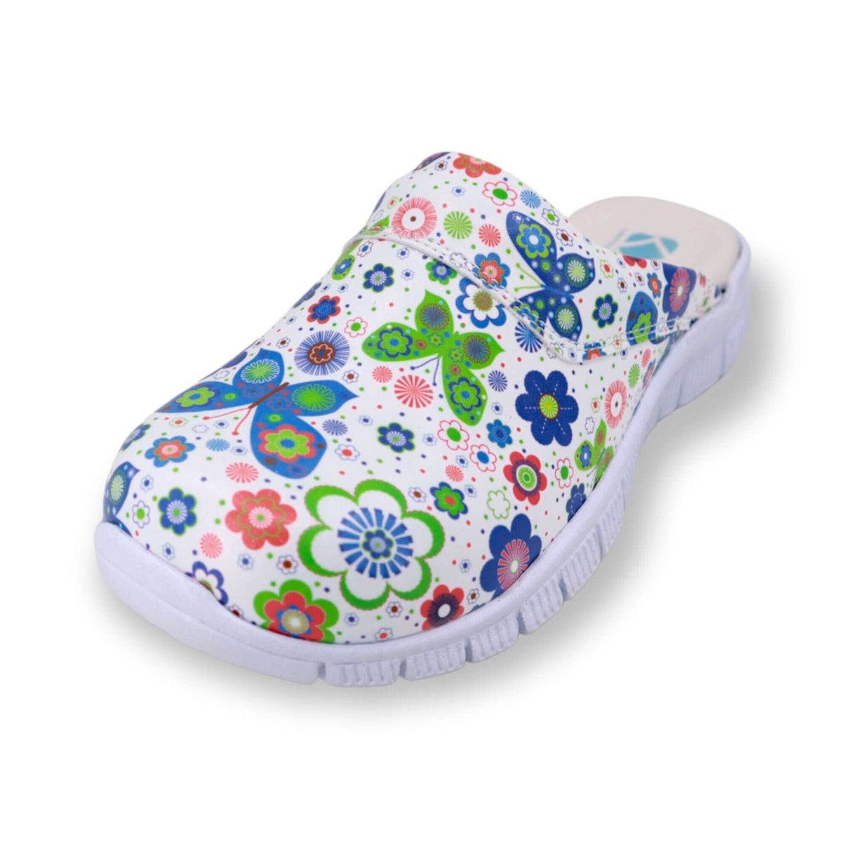 Footbed detail of handmade butterfly design leather clogs with a Comfortflex sole