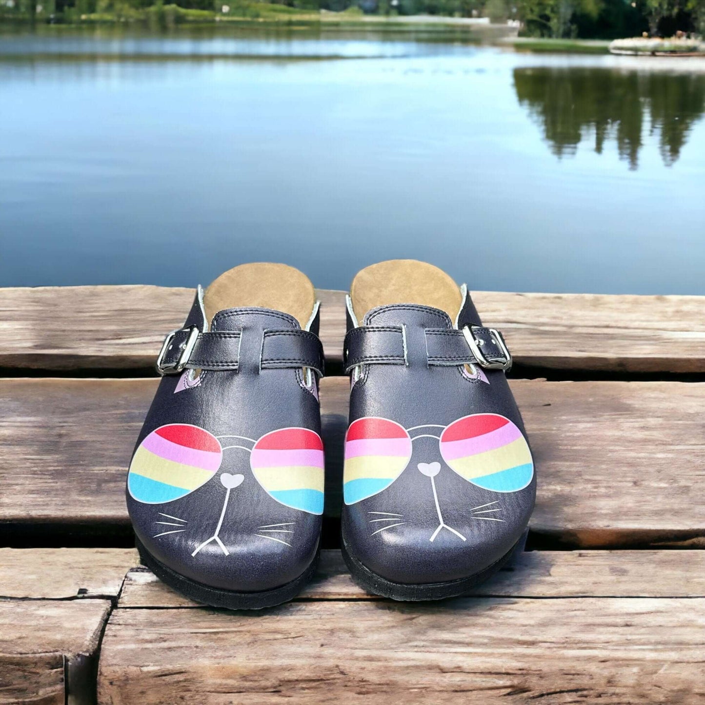 Colourful Glasses Cat Air Clogx 224 Leather Slippers Clogs Mules Nursing Clogs Handmade Comfortflex Gift for Women, Super Comfy, Handmade, Low Heel, Indoor Outdoor