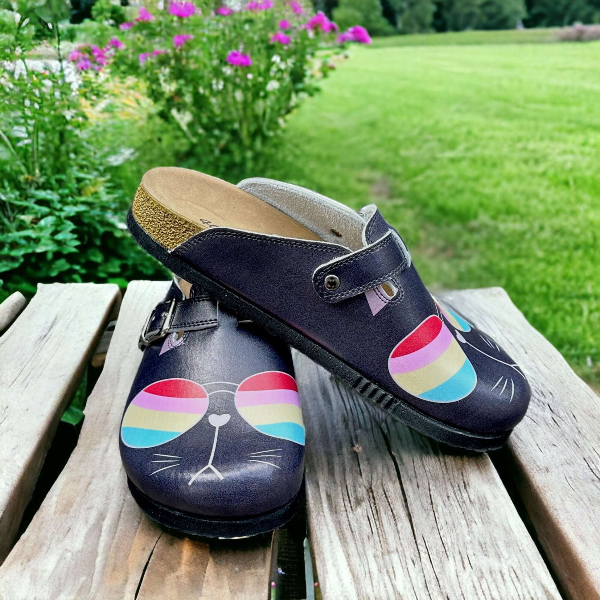 Colourful Glasses Cat Air Clogx 224 Leather Slippers Clogs Mules Nursing Clogs Handmade Comfortflex Gift for Women, Super Comfy, Handmade, Low Heel, Indoor Outdoor