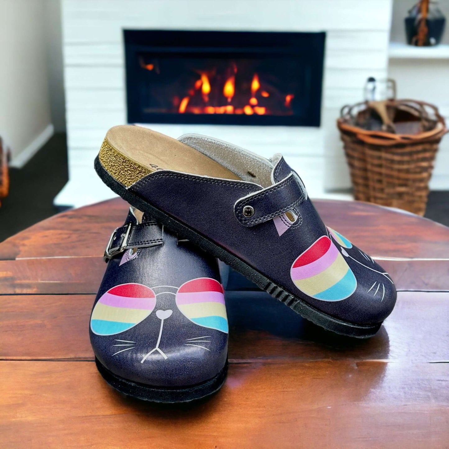 Colourful Glasses Cat Air Clogx 224 Leather Slippers Clogs Mules Nursing Clogs Handmade Comfortflex Gift for Women, Super Comfy, Handmade, Low Heel, Indoor Outdoor